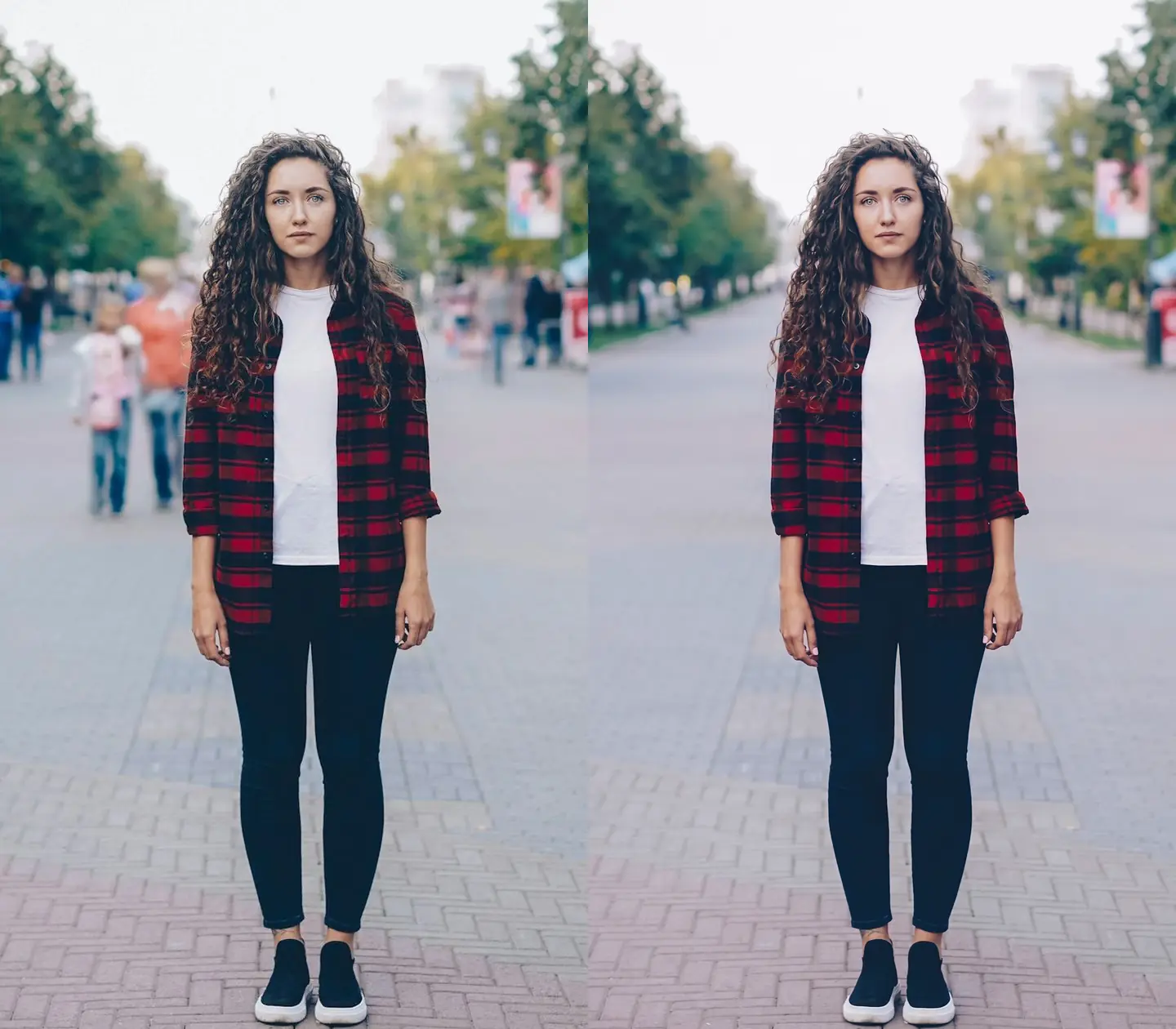Before and after the passersby behind the subject are removed from a street portrait