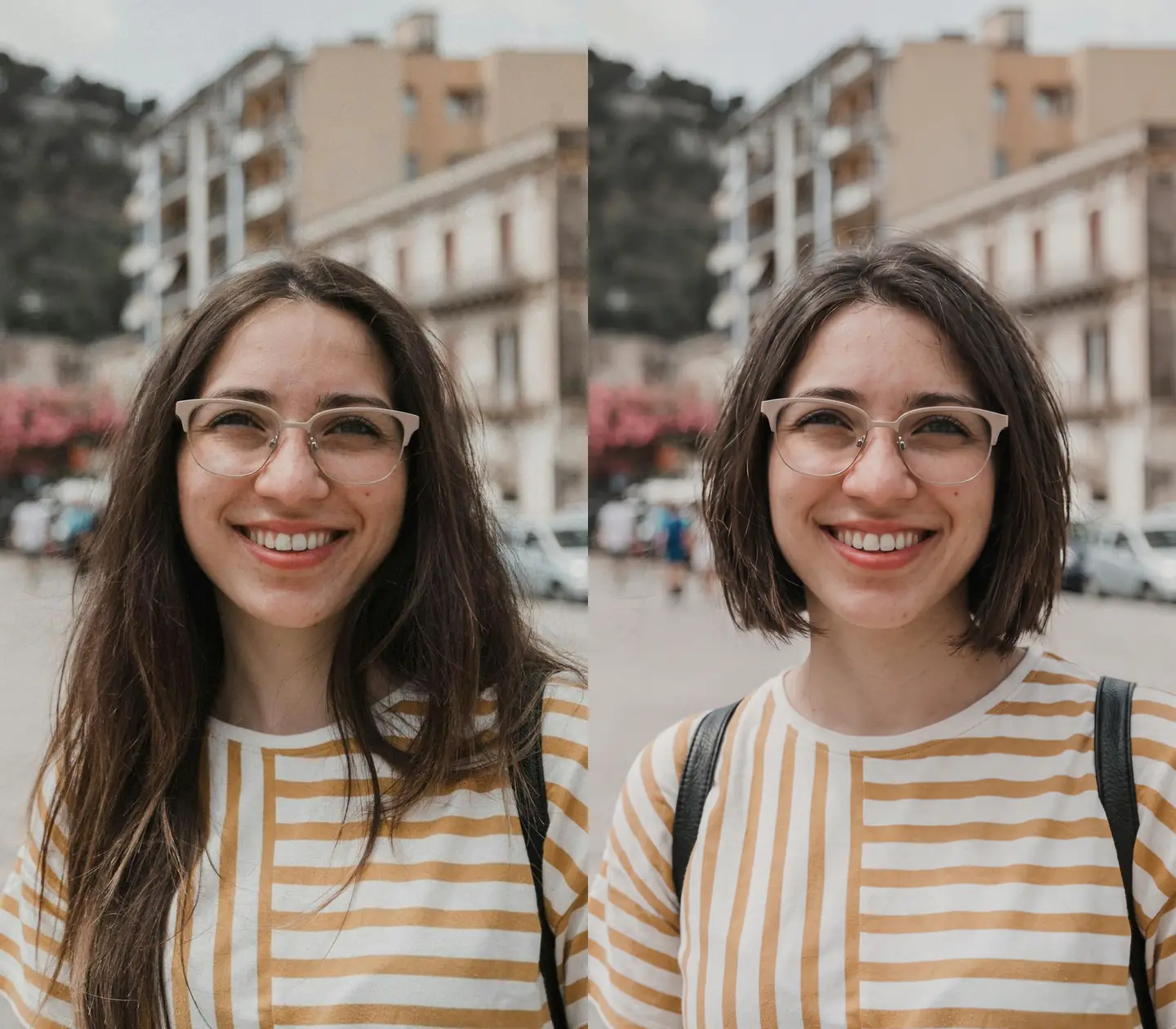 Before and after a woman with glasses changes from long hair to a chin-length bob