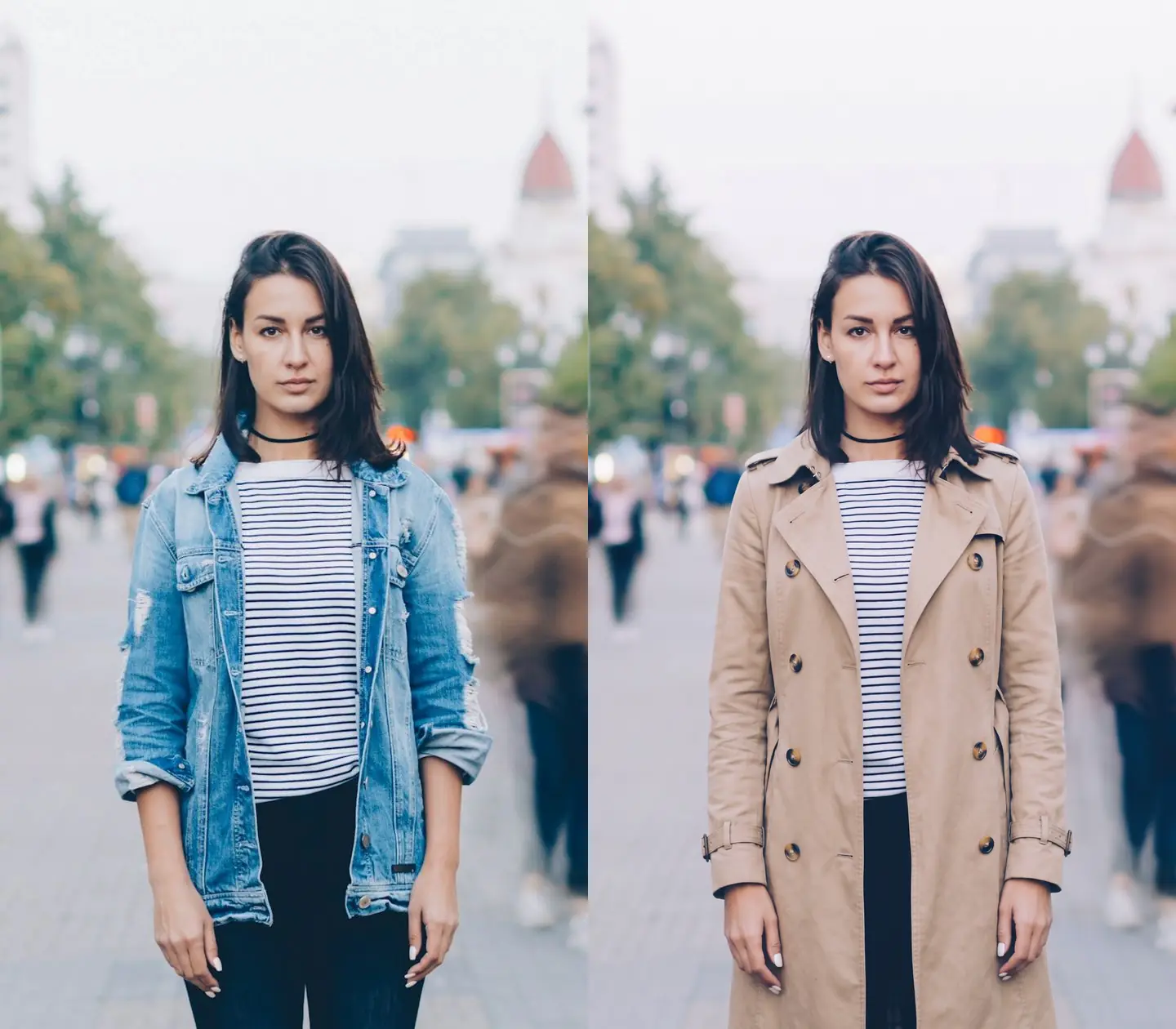 Before and after a denim jacket is changed to a beige trench coat in a street portrait