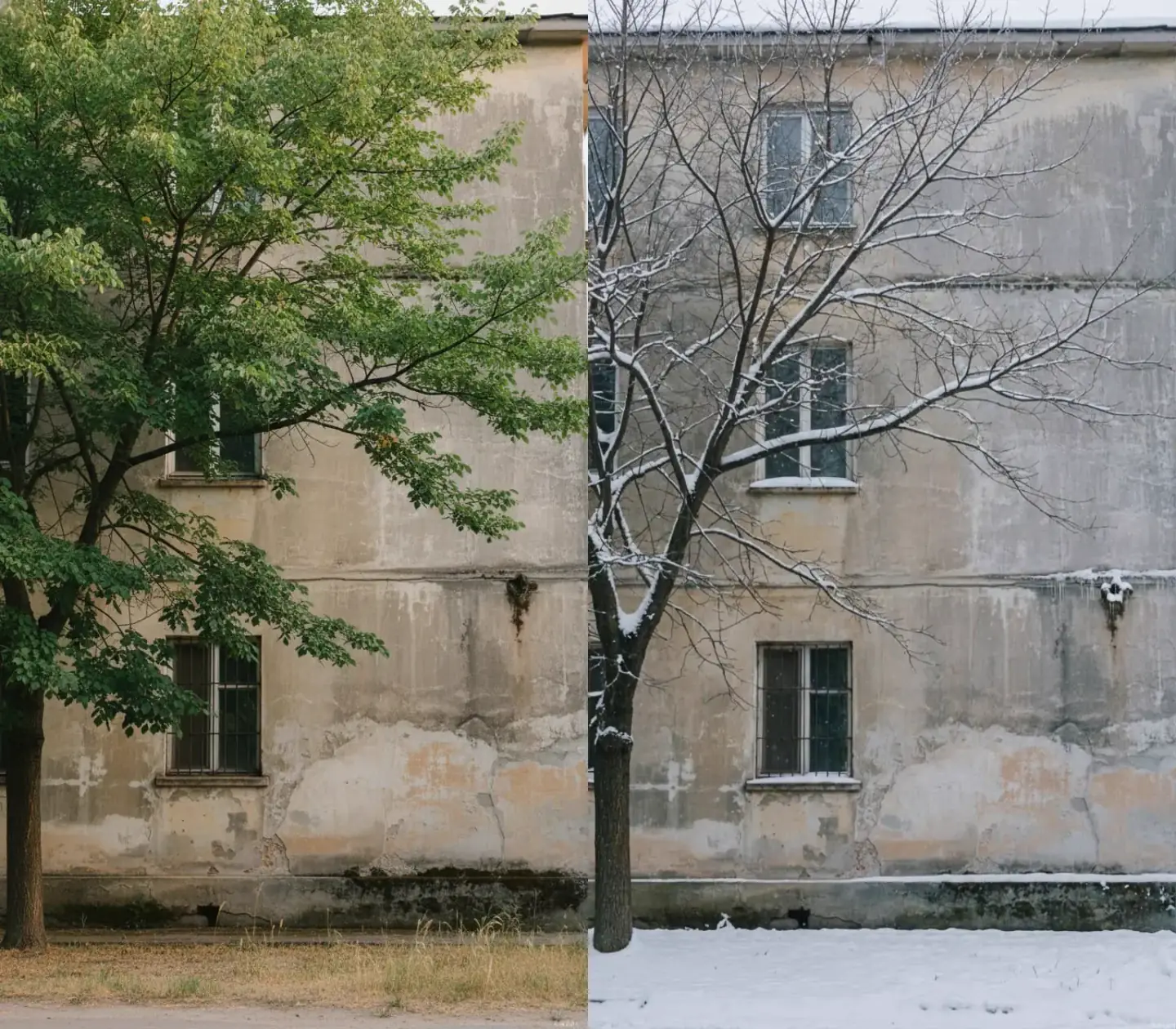 A tree in front of a building shown with green leaves and bare winter branches
